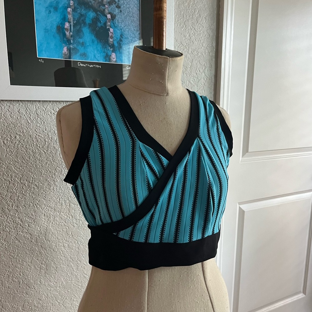 Striped V-Neck Sleeveless Top - Blue and Black